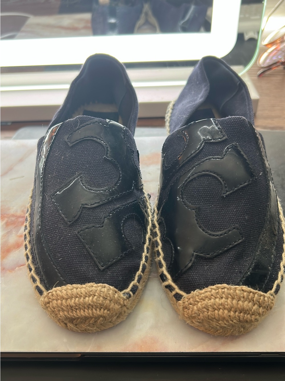 Black Women's Espadrille Slip-Ons with Raffia Toe